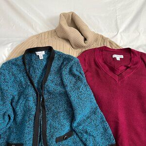 Kim Rogers Womens Sweater Bundle XL Cable Knit Turtleneck V-Neck & Cardigan 100%